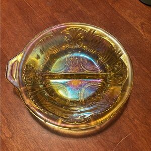 Indiana Glass Divided Relish Dish with a marigold carnival glass finish. Vintage